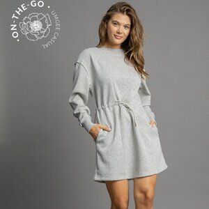 UMGEE GREY LUXEKNIT DRAWSTRING WAIST LONG SLEEVE DRESS